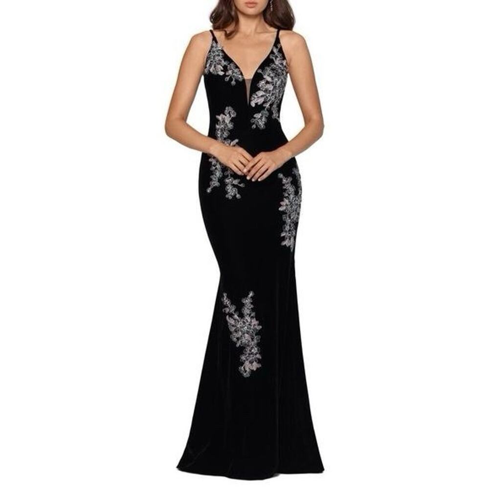 Xscape Crystal Embroidered Floral Velvet Gown in‎ Black Size 2 Mermaid Maxi Gown